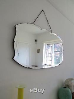 Vintage Art Deco Large Frameless Wall Mirror Bevelled Edge Overmantle with Chain