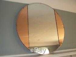 Vintage Art Deco Peach Tinted Large Round Heavy Wood Backing Wall Mirror 30