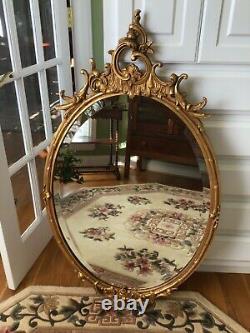 Vintage Baroque Carved Wood Gold Gilt Gesso Oval Mirror Beveled LARGE