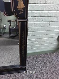 Vintage Black Laquer Asian Motif Large Wall Mirror 48 3/4 X 30 3/4 X 2 1/2