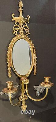 Vintage Brass Wall Sconce Pair With Mirrors, Two Candle Holder And Crystals 22
