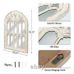 Vintage Cathedral Wood Wall Mirror, Wooden Large Arched Window Mirror