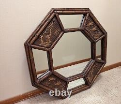 Vintage Faux Bamboo Gold Octagon Large Wall Mirror Chinoiserie Bird Detail 3D