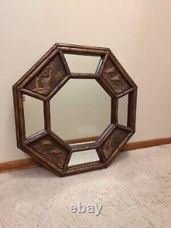 Vintage Faux Bamboo Gold Octagon Large Wall Mirror Chinoiserie Bird Detail 3D