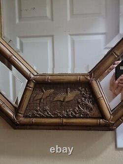 Vintage Faux Bamboo Octagon Large Wall Mirror Chinoiserie W Crane Detail Scenes