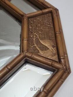Vintage Faux Bamboo Octagon Large Wall Mirror Chinoiserie W Crane Detail Scenes