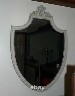 Vintage Federal Style Large Aged White Washed Distressed Wood Shield Wall Mirror
