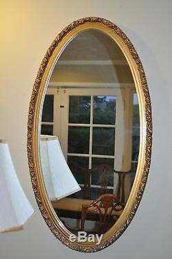 Vintage French Provincial Gold Gilt Large Ornate Wood Oval Wall Mirror