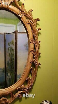 Vintage Heavy Italian Regency Large Carved Light Wood Oval Wall Mirror Shell