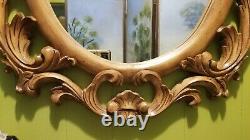 Vintage Heavy Italian Regency Large Carved Light Wood Oval Wall Mirror Shell