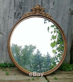 Vintage Large Round Gold Floral Wood & Gesso Wall Mirror with Crest 30 x 26