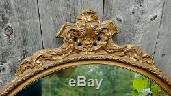 Vintage Large Round Gold Floral Wood & Gesso Wall Mirror with Crest 30 x 26