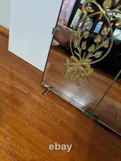 Vintage Mid Century Modern Etched Gold Foiled Large Art Deco Wall Mirror