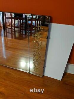 Vintage Mid Century Modern Etched Gold Foiled Large Art Deco Wall Mirror