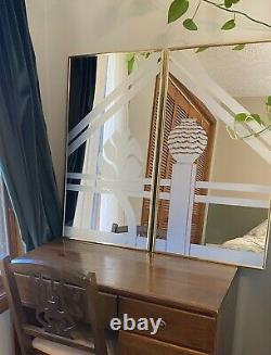 Vintage Mirror Frosted Etched Leaf Vase MCM Picture Gold Wall Hanging Large 2