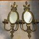 Vintage Pair of Brass Mirrored Double Candle Ornate Wall Sconces 24