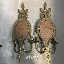 Vintage Pair of Brass Mirrored Double Candle Ornate Wall Sconces 24