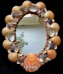 Vintage Seashell Mirror Large Oval Abalone Scallops Beach Cottage Decor 18 x 23