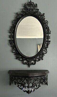 Vintage Syroco Mirror withShelf Ornate Large Black MCM Hollywood Regency Scroll