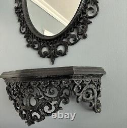 Vintage Syroco Mirror withShelf Ornate Large Black MCM Hollywood Regency Scroll