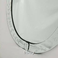 Vintage Venetian Etched Beveled Glass Wall Mirror Oval Large 33 1/2 x 17 1/4