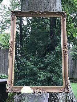 Vintage XL Large Wood Rectangle Ornate Wall Hanging Mirror Hollywood Regency
