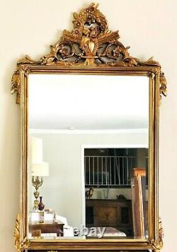 Vtg 1990s Large 49 Opulent Carolina Wall Mirror, Antiqued Carved Gilt Gold Frame