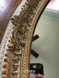 Vtg Antique Ornate Oval Gold White Wood Gesso Framed Large Wall Mirror 25 X 21