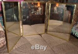 Vtg Large Tri-fold Brass Framed Mirror/tabletop Or Wall Hanging, Embossed Back