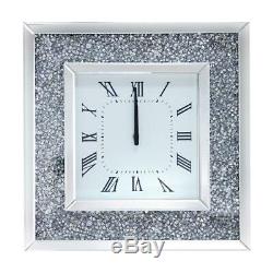 Wall Clock Mounted Home Decoration Faux Diamonds Mirrored Hanging Square Large