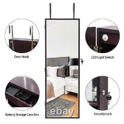 Wall Door Mounted Jewelry Mirror Cabinet Armoire Large Box Organizer Brown withLED