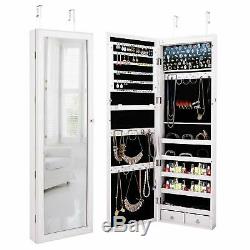 Wall Door Mounted Mirrored Jewelry Cabinet Armoire Storage Organizer LED Decors