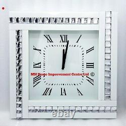 White Wall Clock Square Mirrored Sparkly Silver Crystal Border Large 45x45cm