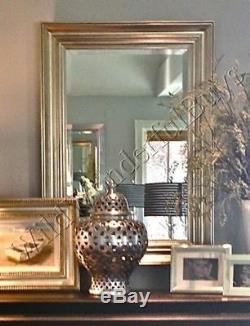Wide Wood Frame Wall Mirror Silver Leaf 41H Vanity Dresser Beveled Large Eliza