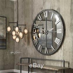 XL Aged Metal Wall Roman Clock Mirrored 60 Large Farmhouse Modern Industrial