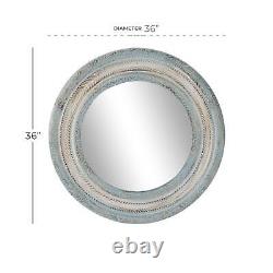 Zimlay Large Round Vintage Light Blue And White Wood Carved Wall Mirror 22337