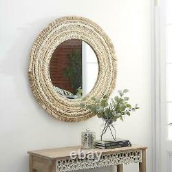 Zimlay Large Round Wood And Wicker Beige Wall Mirror 61468